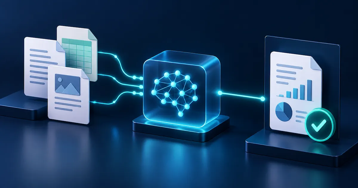 Business documents flowing through an AI processing node to a reviewed report